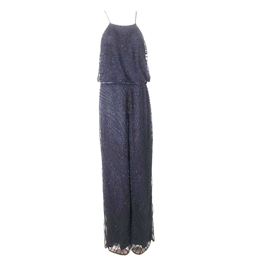 Adrianna Papell Midnight Navy Wide-leg Halter Beaded Overlay Jumpsuit size 10